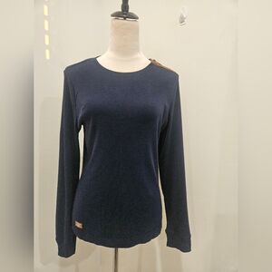 Lauren Ralph Lauren Navy Long Sleeve Top L – Suede Shoulder & Elbow Patch Detail